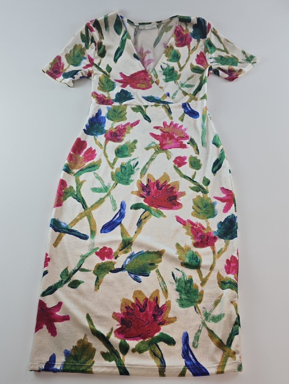 Floral V-Neck Midi Dress in Cream with Multicolor Print